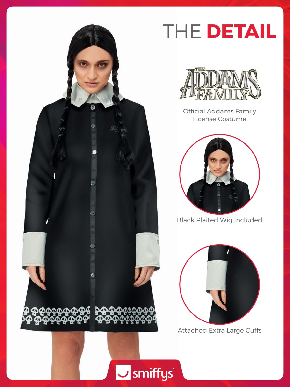 Smiffys The Addams Family Wednesday Adult Costume, Elegant Black Dress with Skull Pattern and Wig, Officially Licensed Wednesday Addams Costume, Ideal for Halloween Group Costumes and Parties