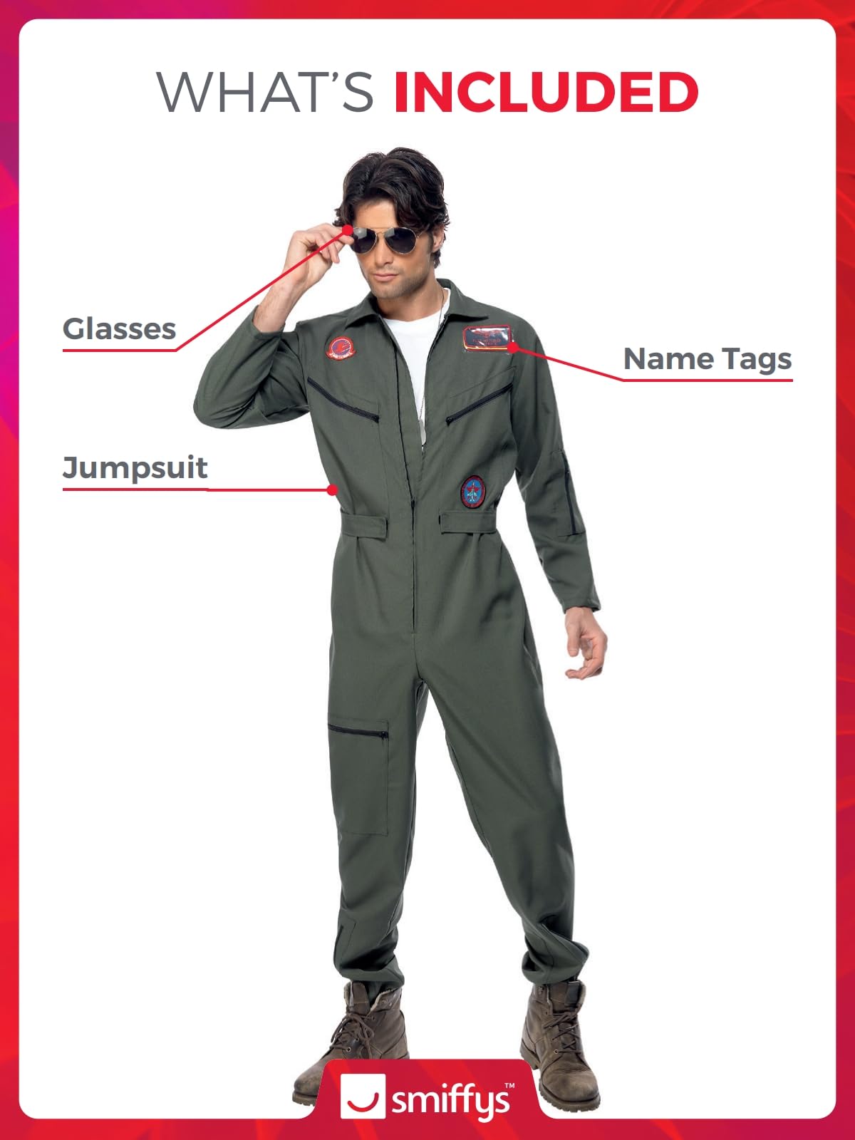 Smiffys Top Gun Costume, Adult Green Jumpsuit, Name Tags & Glasses, Official Top Gun License Outfit with Aviation Badges, Pocket Zip Details & Waist Belt, Official Top Gun Halloween Fancy Dress