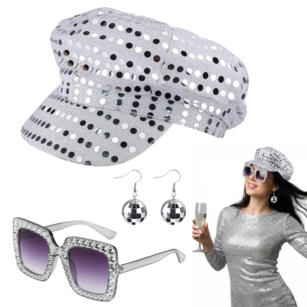70s Disco Costume Set Sequin Glitter Hat - Bling Sunglasses