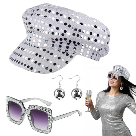 70s Disco Costume Set Sequin Glitter Hat - Bling Sunglasses