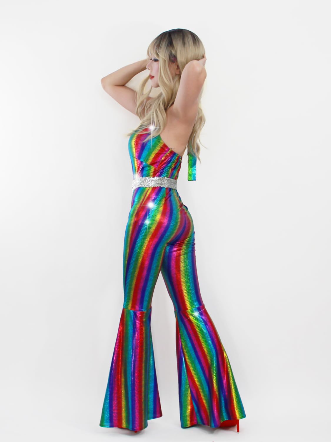 Disco Outfit 70s 80s Prom Sparkle Flare Jumpsuit Party Costume (image 5)
