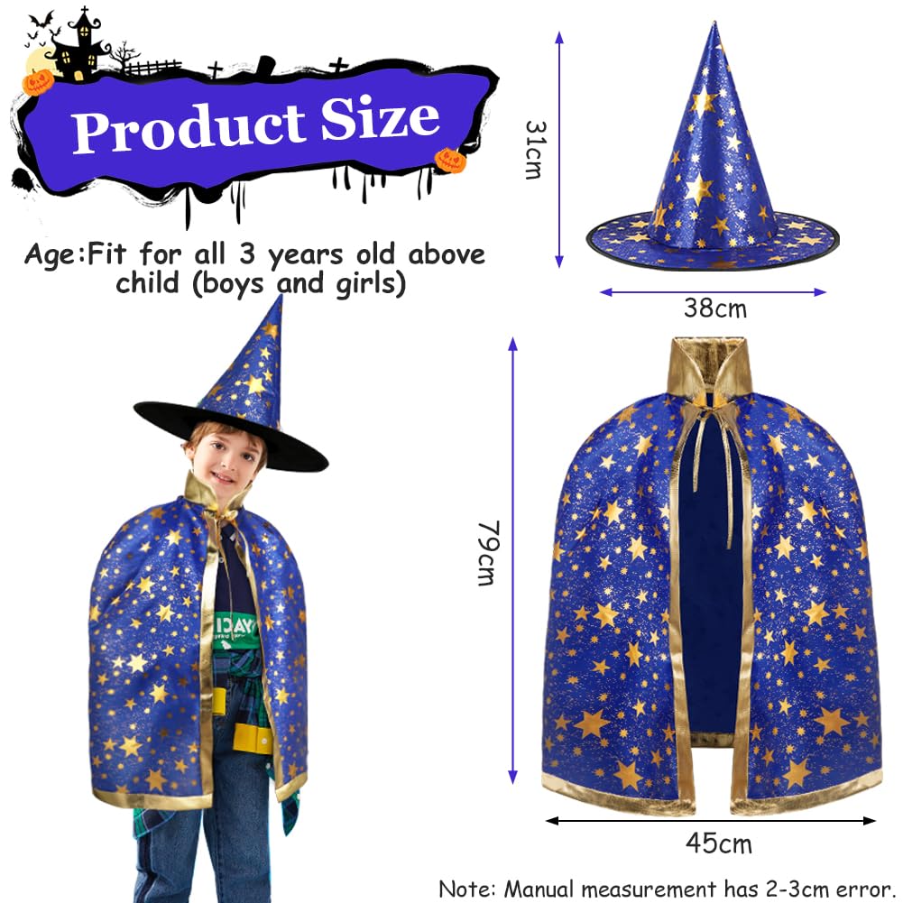 AYBUY Wizard Cape Witch Cloak Kids, Witch Costume Cloak and Hats for Kids, Halloween Costume Props Costume with Golden Stars Pattern for Children, Girls Halloween Party Cosplay Costumes (Blue)
