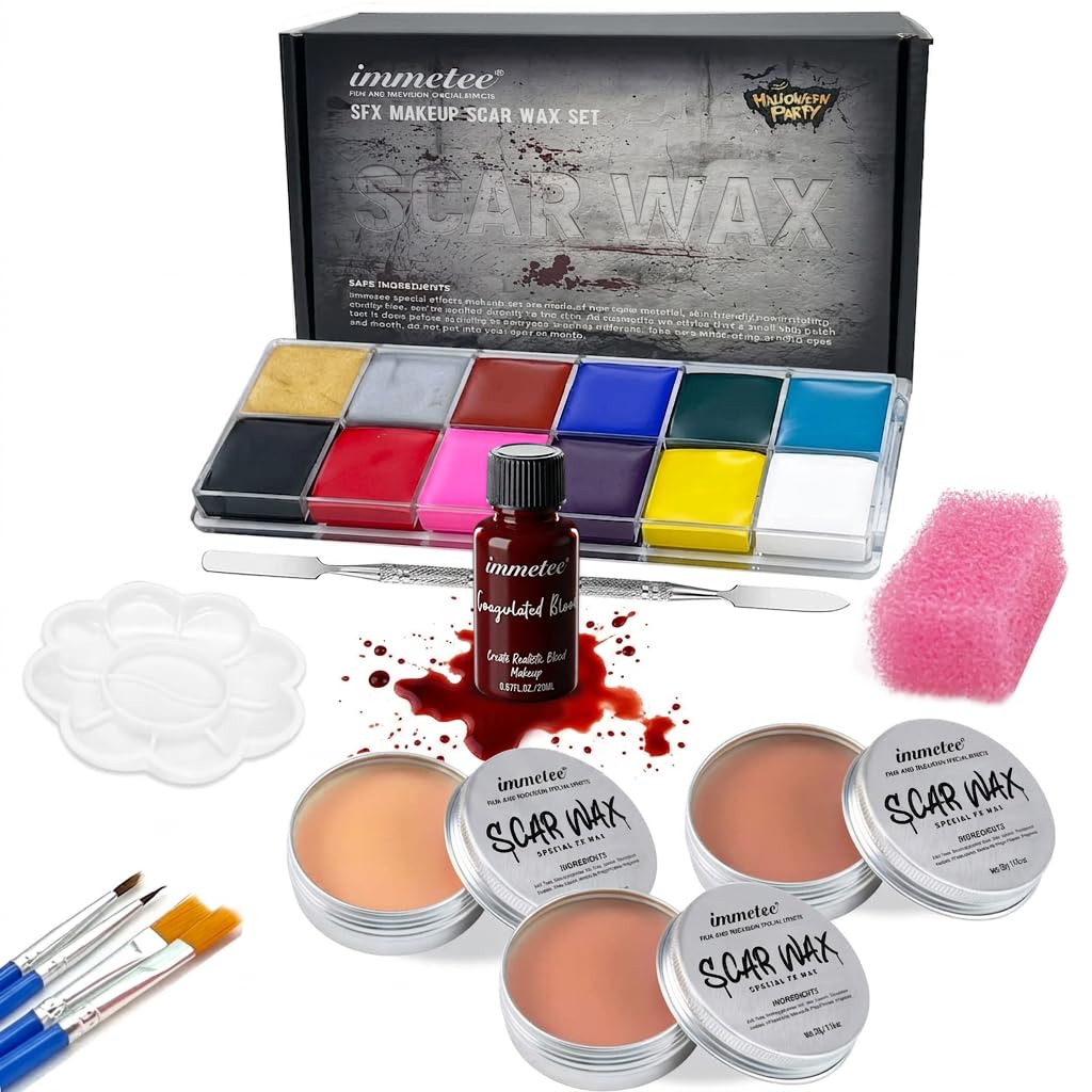immetee SFX Makeup Kit, Halloween Special Effect Face Body Paint Stage Makeup, Face Paint Palette+3 Scar Wax+1 Fake Blood+4 Paint Brushes+1 Paint Spatula+1 Face Paint Sponge+1 Paint Palette.
