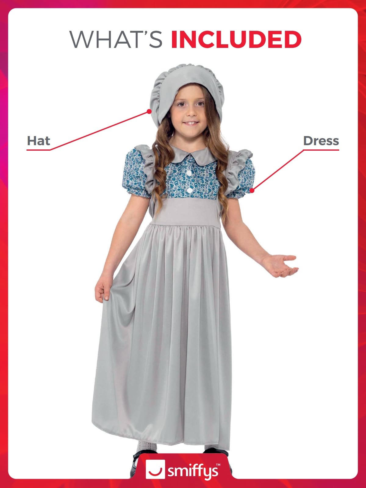Smiffys Victorian School Girl Costume, Grey with Dress & Hat, Girls Fancy Dress, Child Dress Up Costumes Halloween, World Book Day