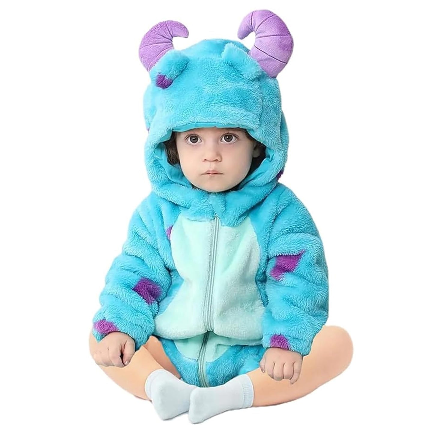 BABWWNIX Toddler Baby Boy Girl Halloween Animal Costume Fuzzy Warm Hooded Romper Funny Cosplay Zip-Up Jumpsuit Outfits Gifts (D-Blue, 6-9 Months)