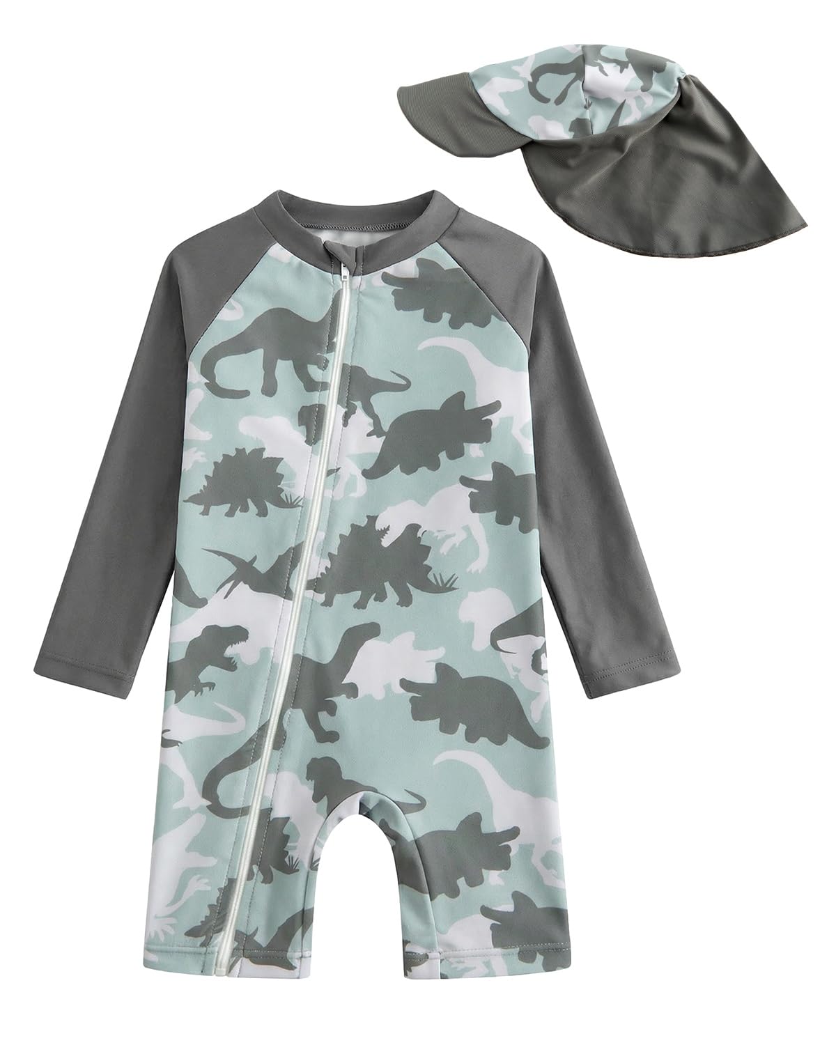 JiAmy Baby Boys Swimming Costume with Sun Hat Long Sleeve Zipper Rash Guard Sun Protection Beach Infant Toddler Baby Swimsuit One Piece Bathing Suits Green Dinasour 18-24 Months