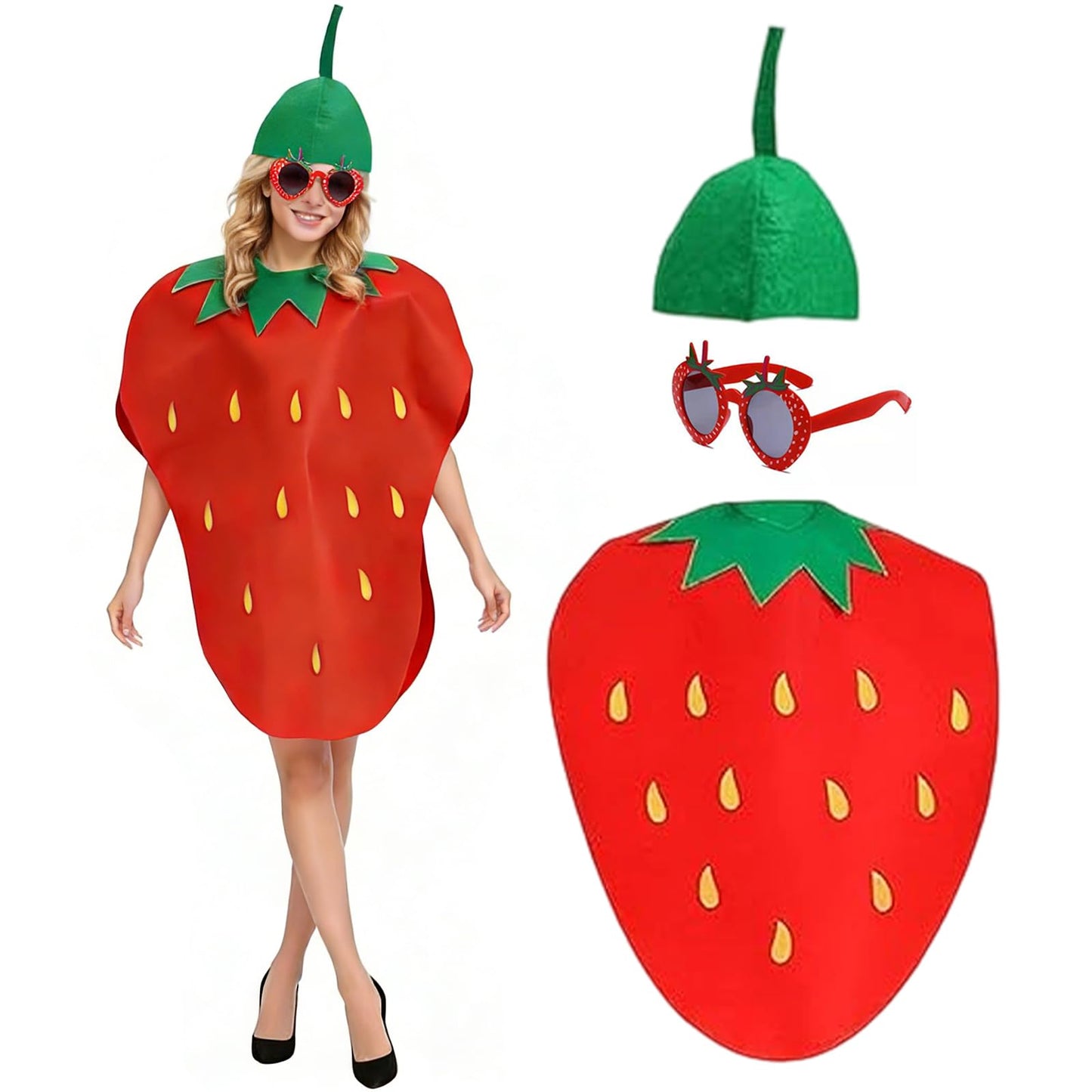 Strawberry Costume for Adults, Lightweight & Comfortable Funny Fruit Cosplay Outfit, Fancy Dress for Adult Fancy Dress Costumes - Hat, Dress & Glasses, for Halloween Themed Parties Cosplay Fun Events
