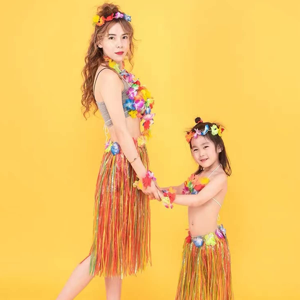 HBell 8 Set 40PCS Hawaiian Grass Skirt Garlands,Hawaiian Leis Bracelet Headband Necklace,Hawaii Luau Skirts Costume Fancy Dress,Only for Teens & Adults Summer Beach Tropical Party Decorations
