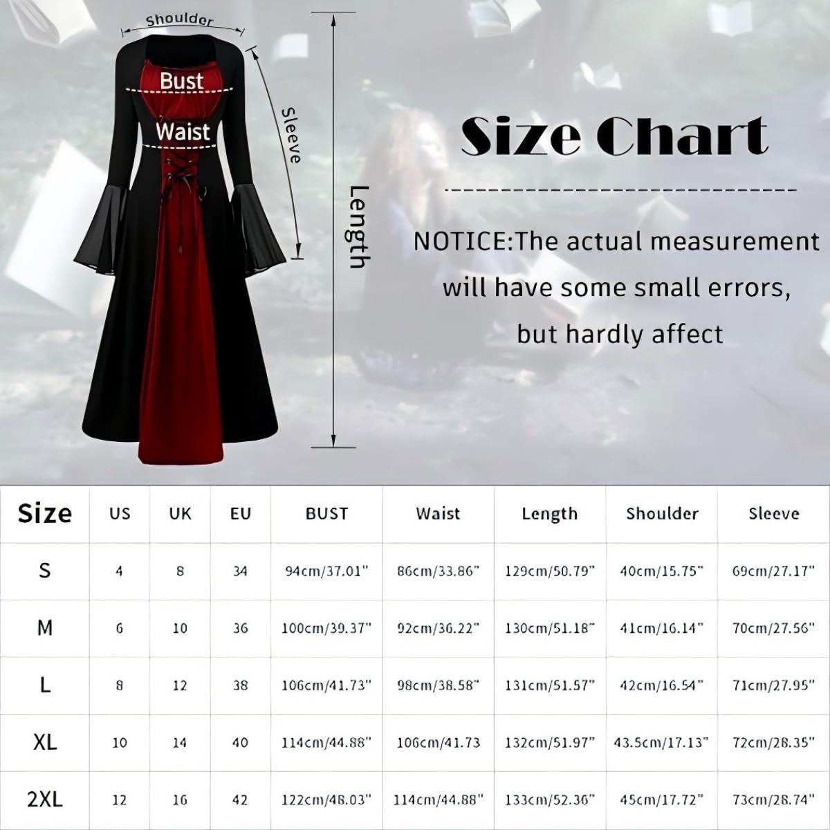 CNVAUIE Renaissance Costume for Women, Medieval Dress with Trumpet Sleeves, Gothic Maxi Dress, Carnival, Halloween, Party (Red, S)