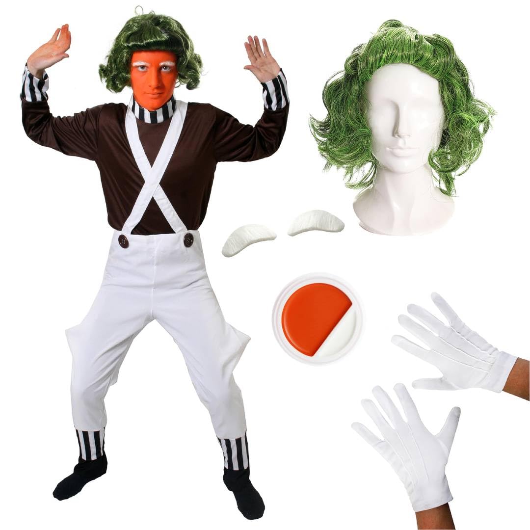 Adults Chocolate Factory Worker - Small - Brown Top, White Trousers, Green Wig, Gloves, Eyebrows, Facepaint - Mens Teacher School Book Week World Book Day Fancy Dress Costume