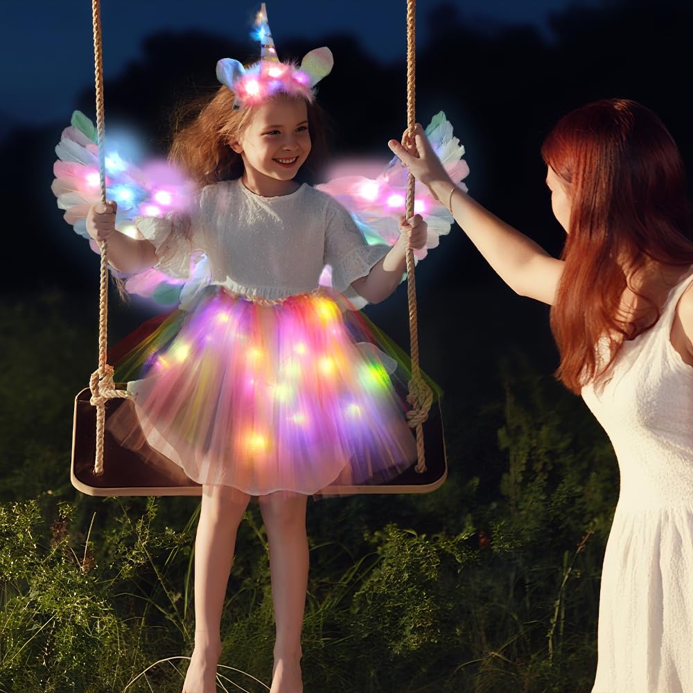 KUWUNG Light Up Fairy Costume for Girls, Kids Glowing Unicorn Costume with Feather Wings, LED Tutu Skirt, Magic Wand, Unicorn Headband, Children Fancy Dress for Halloween Christmas Carnival Party