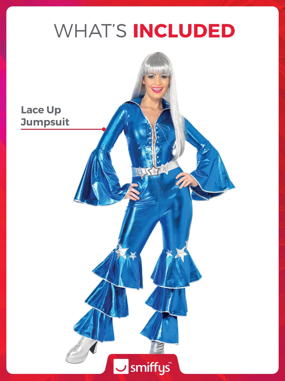 Smiffys 70s Dancing Dream Costume for Women, Blue Disco Jumpsuit with Lace-Up Front, Bell Sleeves & Star Detail, 1970s Fancy Dress Outfit for Hen Parties, Festivals & Themed Events