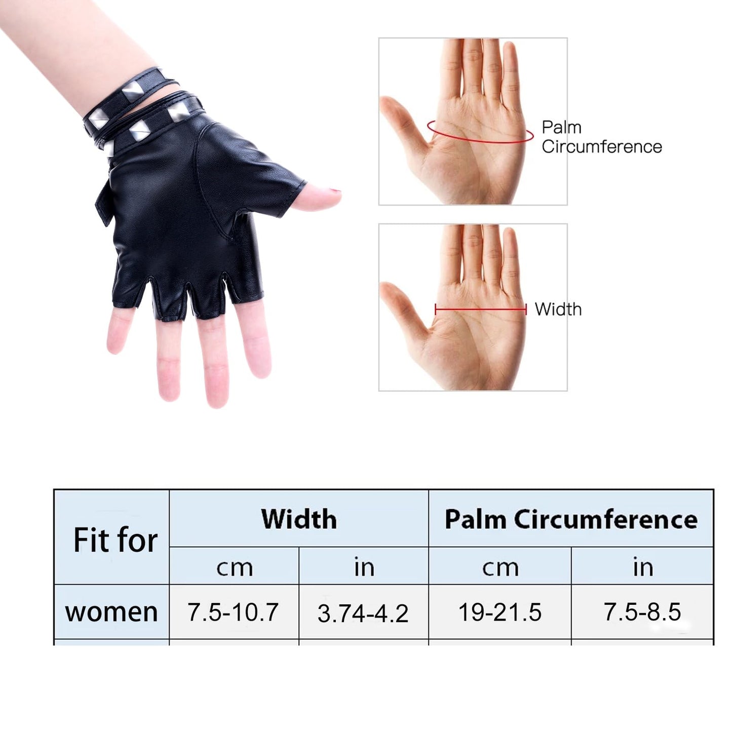 Women Punk Belt Up Half Finger PU Leather Performance Gloves Black