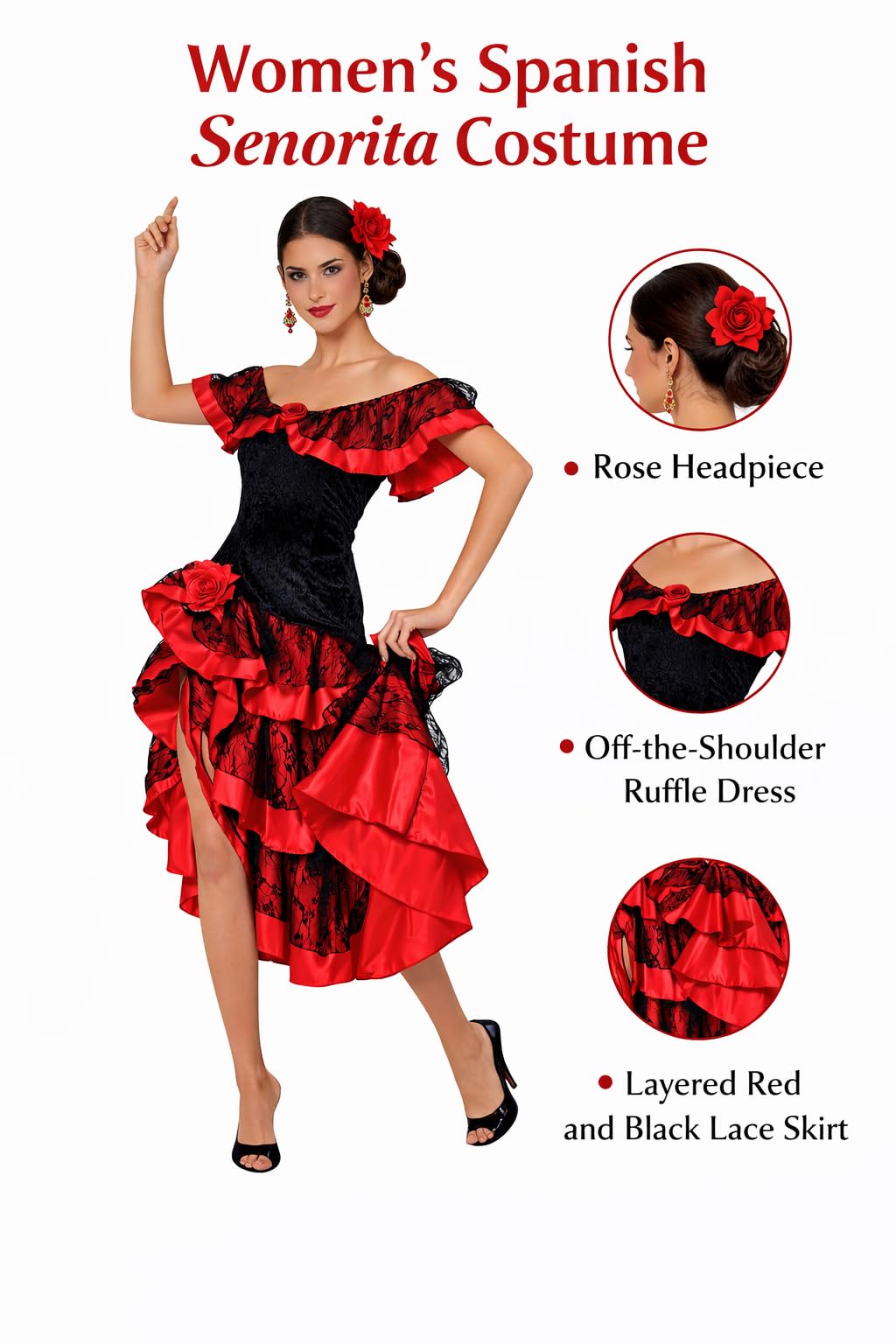 Wicked Costumes Adult Women’s Spanish Senorita Costume – Red Flamenco Style Fancy Dress for Halloween, Fiesta & Themed Parties - Small (UK 10-12)