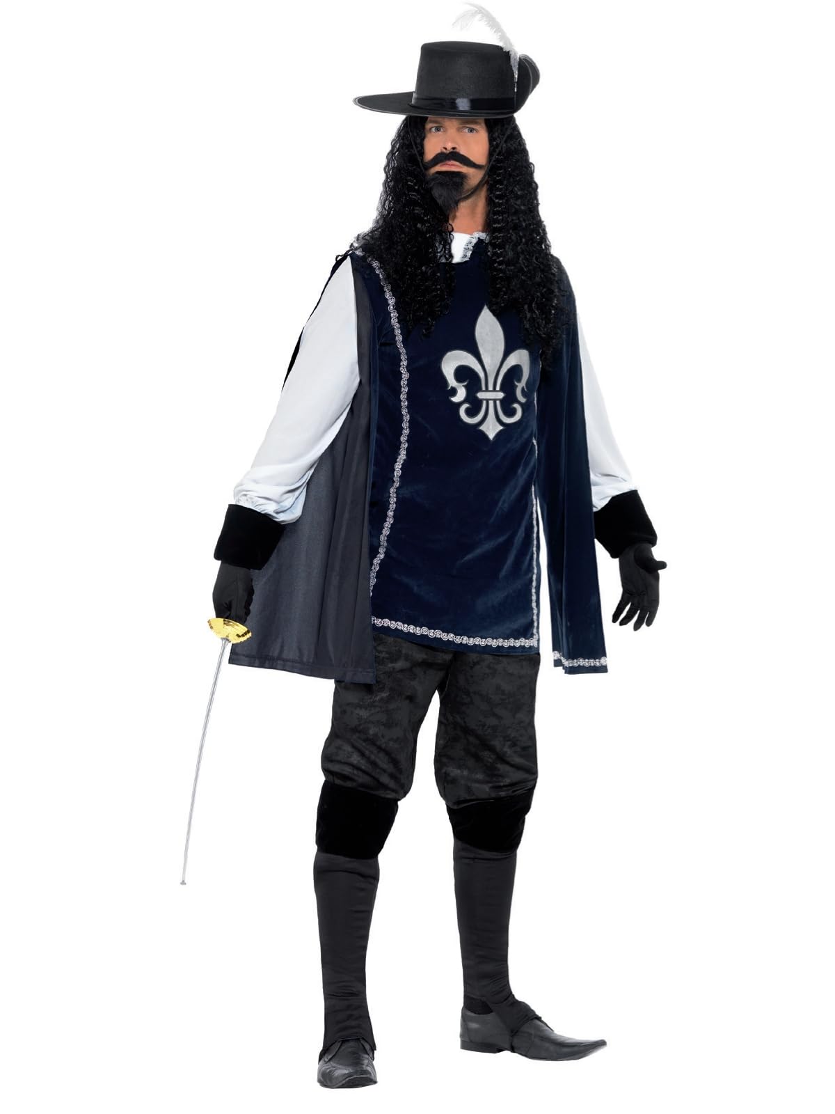 Smiffys Musketeer Male Costume, with Top, Hat, Navy Gloves, Boot Covers, Beard & Tash, Historical Fancy Dress, Medieval Dress Up Costumes