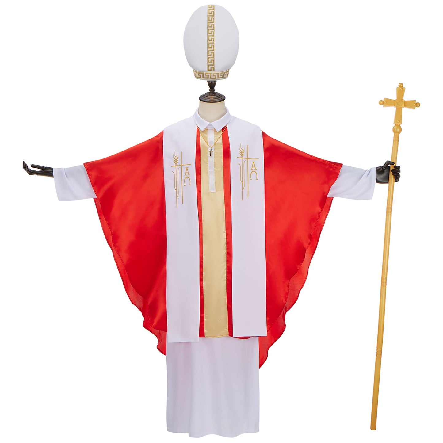Regenboog Pope Costume Men,Adult Pontiff Biblical Catholic Cardinal Bishop Outfit,Pastor Robe,Saint Cross Staff,Clergy Robe,Halloween Costume,Size M(Plus)
