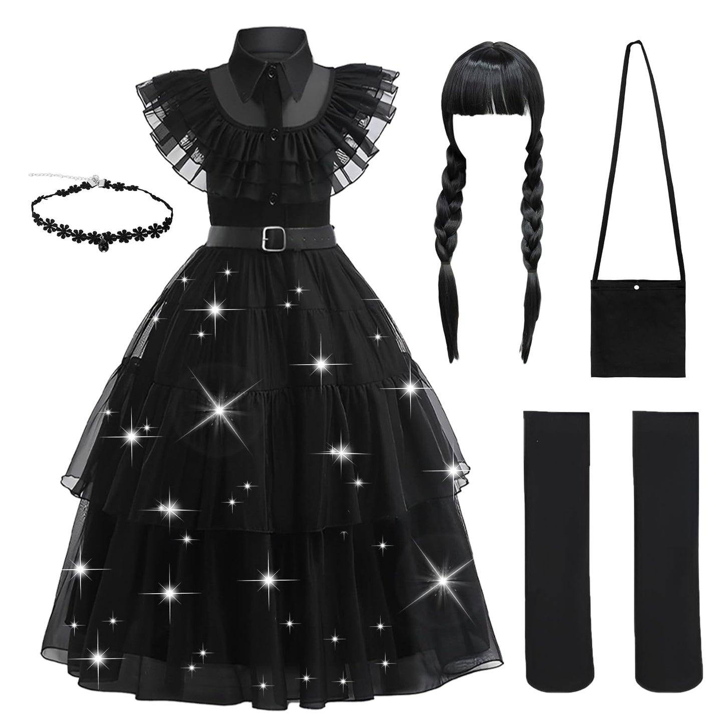 Kitimi Dress110 Black Gothic Dress Up Outfit for Girls, 3-11 Kids Theme Cosplay Costume Girls Party Fancy Dress Accessories with Wig Earrings Bag Socks for Carnival Halloween Party