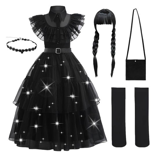 Kitimi Dress110 Black Gothic Dress Up Outfit for Girls, 3-11 Kids Theme Cosplay Costume Girls Party Fancy Dress Accessories with Wig Earrings Bag Socks for Carnival Halloween Party