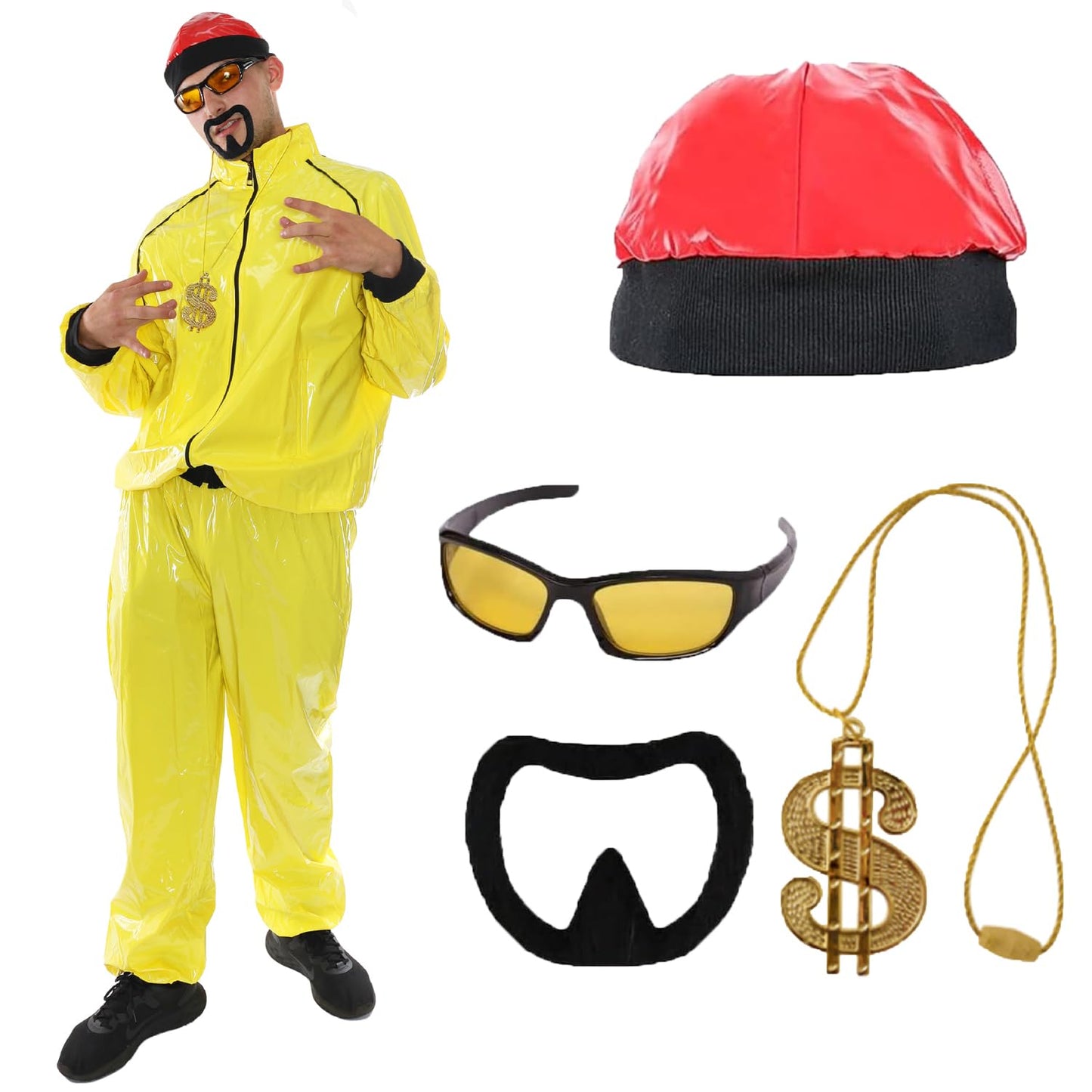 Adults Yellow Rapper Costume - X-Large - Yellow and Black Shell Suit, Red Hat, Sunglasses, Dollar Sign Chain, Black Goatee - Adults TV Film Fancy Dress Costume