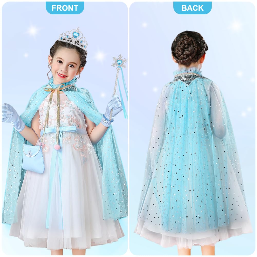 AOOWU Princess Cape Set for Girls, Elsa Princess Cloak with Crown, Wand, Jewelry, Gloves, Princess Elsa Fancy Dress Up Sparkling Sequin Tulle Princess Cape Set for Halloween Christmas Birthday Cosplay