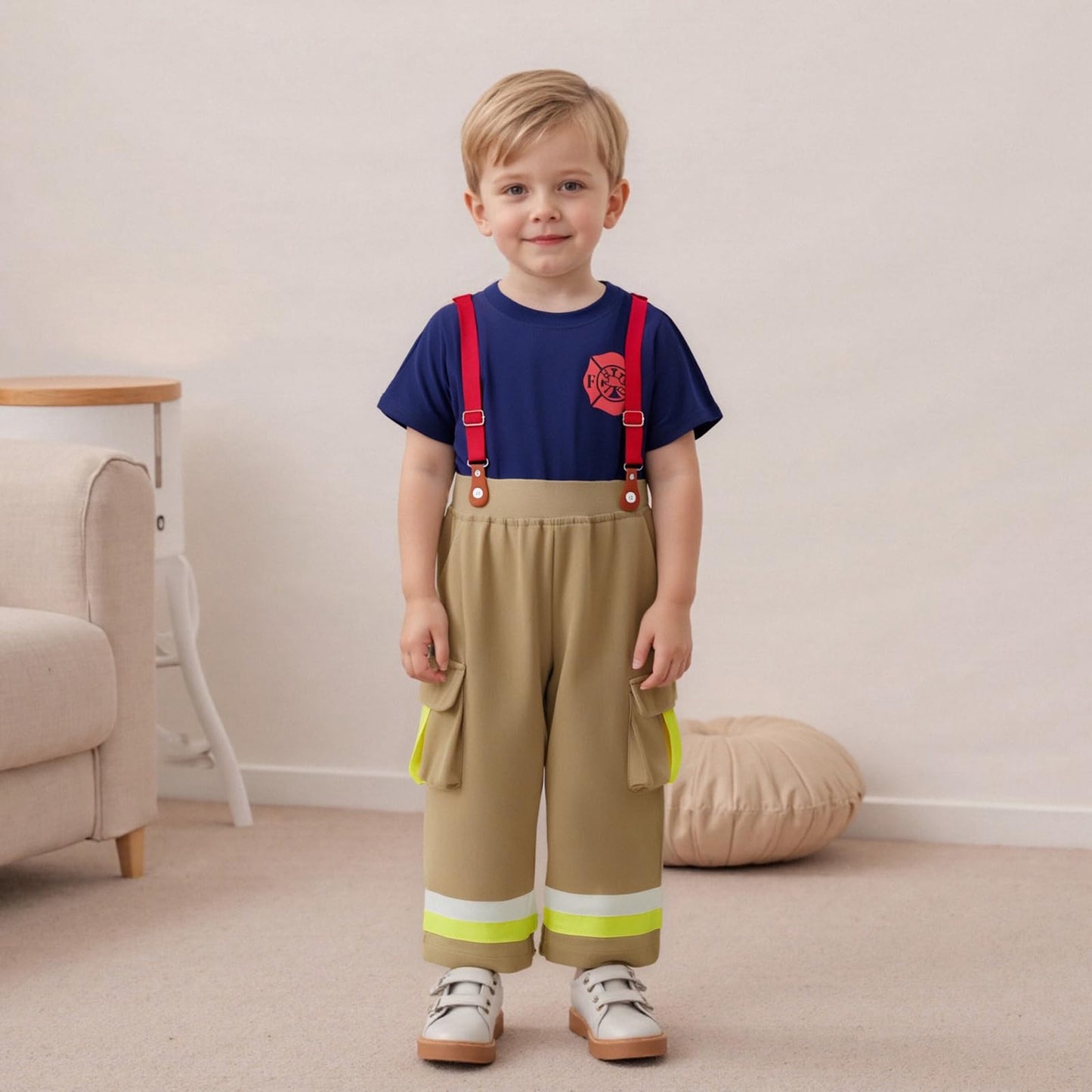 FeMereina Kids Firefighter Outfit For Boys Girls Fire Fighter Themed Halloween Cosplay Outfit Toddler Fireman Clothes (Blue, 4-5T)