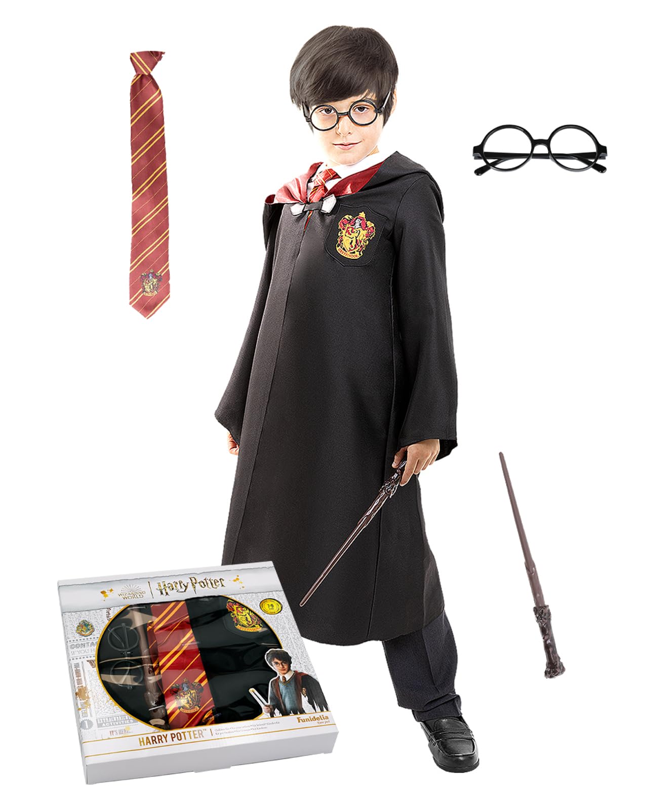 Funidelia Harry Potter Official Costume Kit for boys and girls, Include Gryffindor robe, tie, glasses, wand, gift box, Wizards - Outfit for kids for parties, Carnival, Halloween - Size 10-12 years