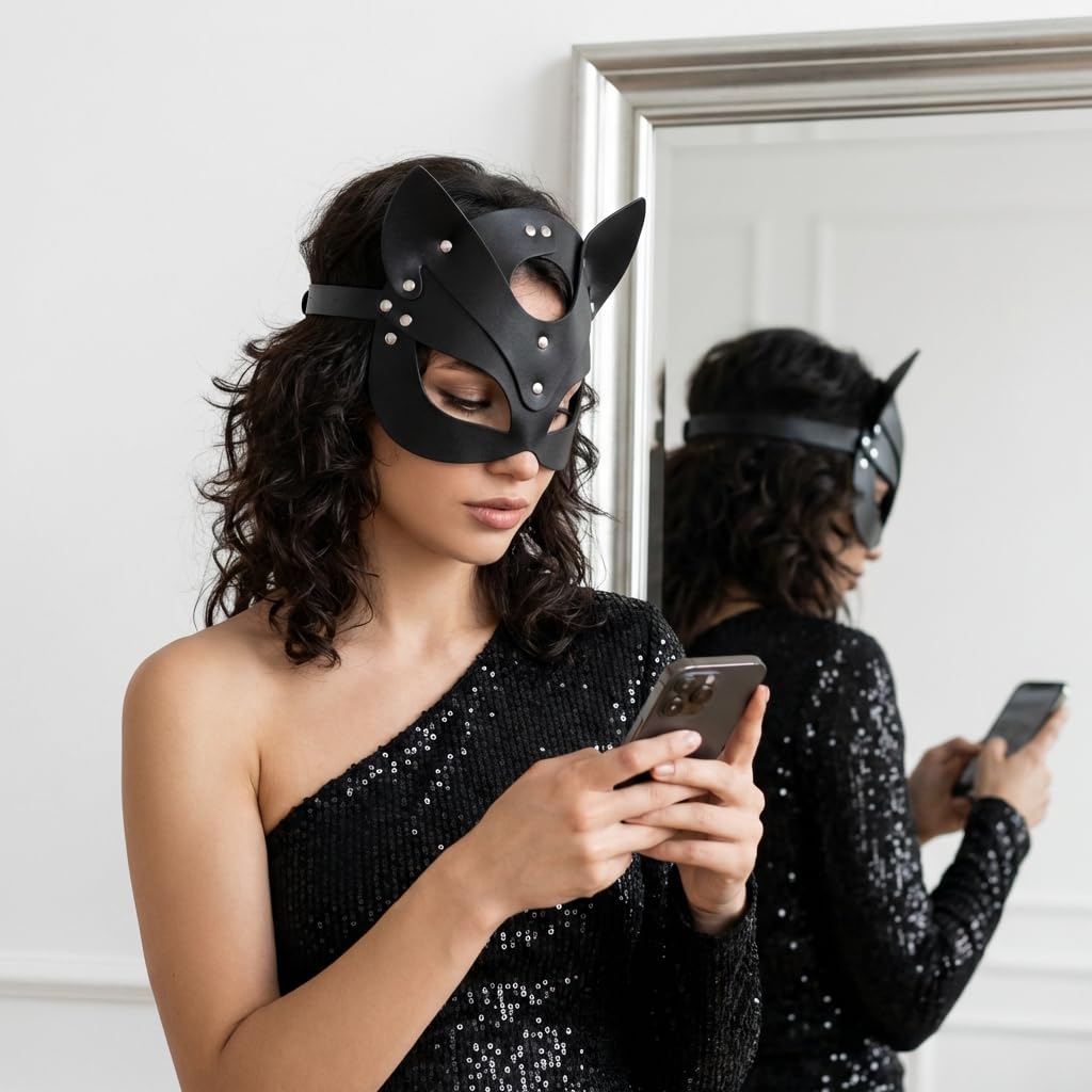 Black Cat Mask for Women - Sexy PU Leather Fox Masquerade Mask (image 5)