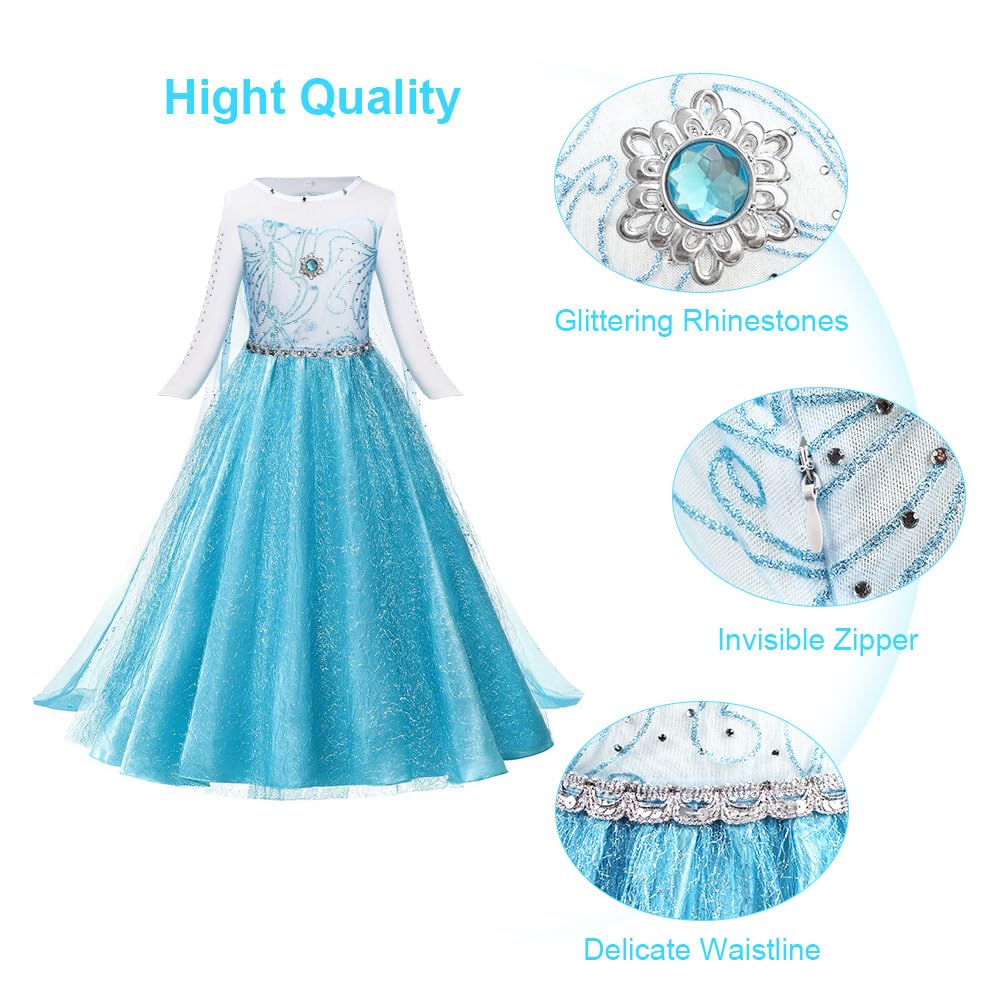 URAQT Princess Dress, Princess Costume with Crown Wand Gloves and Tiara, Costumes with Accessories for Girls, Kids Fancy Dress for Carnival Party Halloween Cosplay,110