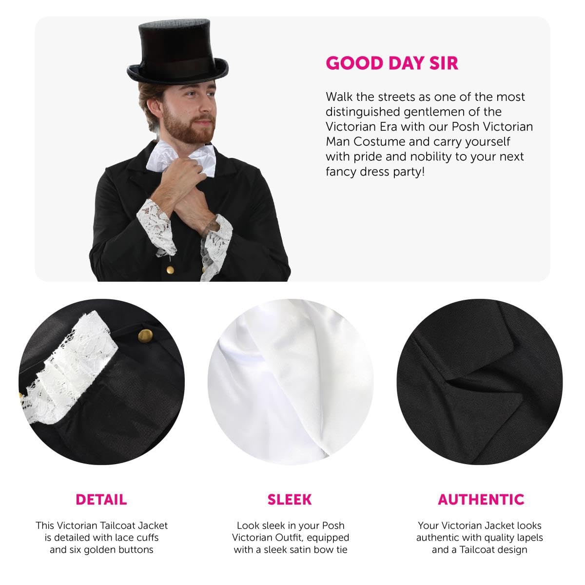 Posh Victorian Man Costume - Large - Black Jacket, White Cravat, Plush Top Hat, White Gloves and Moustache - Historical Fancy Dress