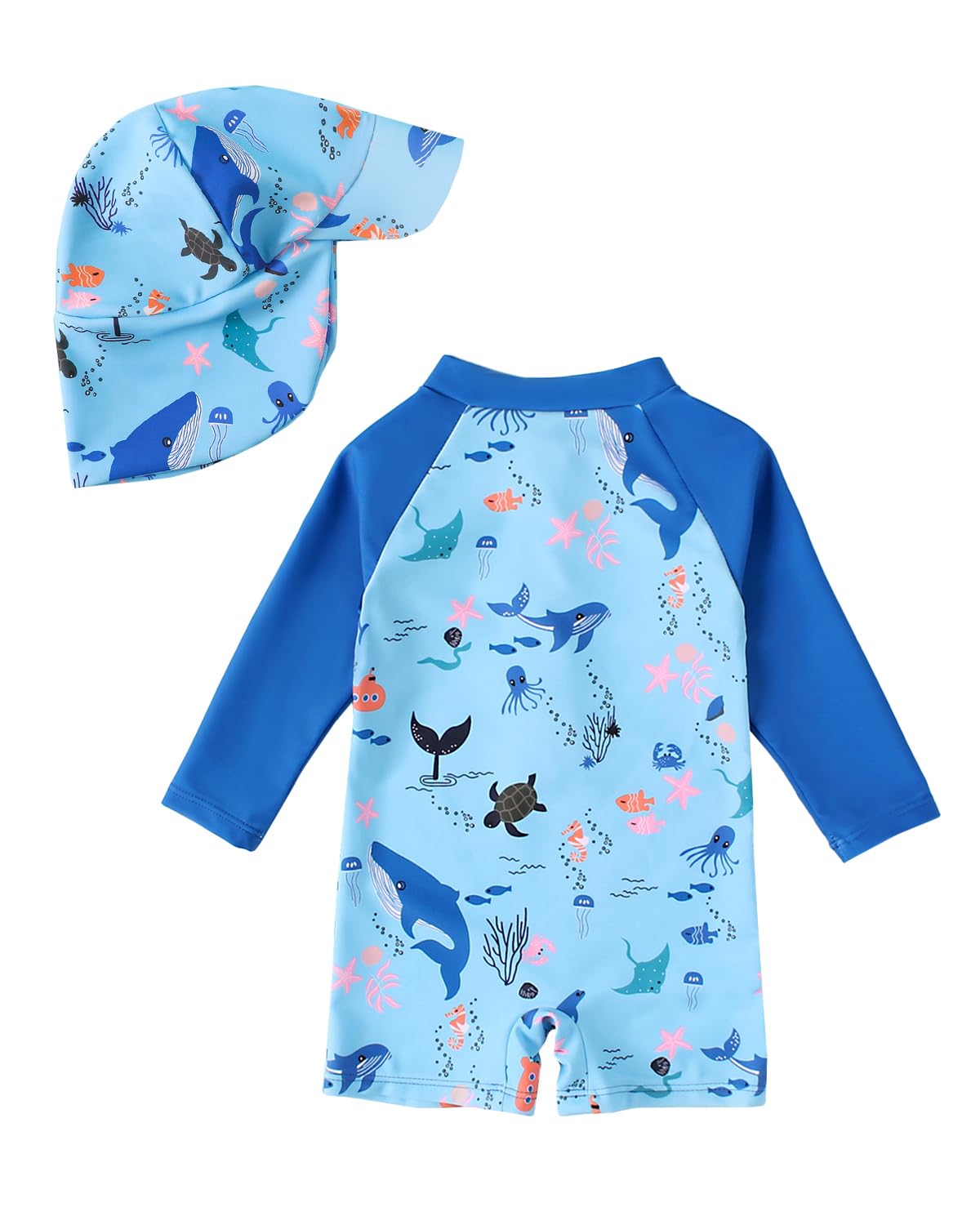 JiAmy Baby Boys Swimming Costume with Sun Hat Long Sleeve Zip Up Rash Guard Sun Protection Beach Infant Toddler Baby Swimsuit One Piece Bathing Suits Dark Blue 6-9 Months