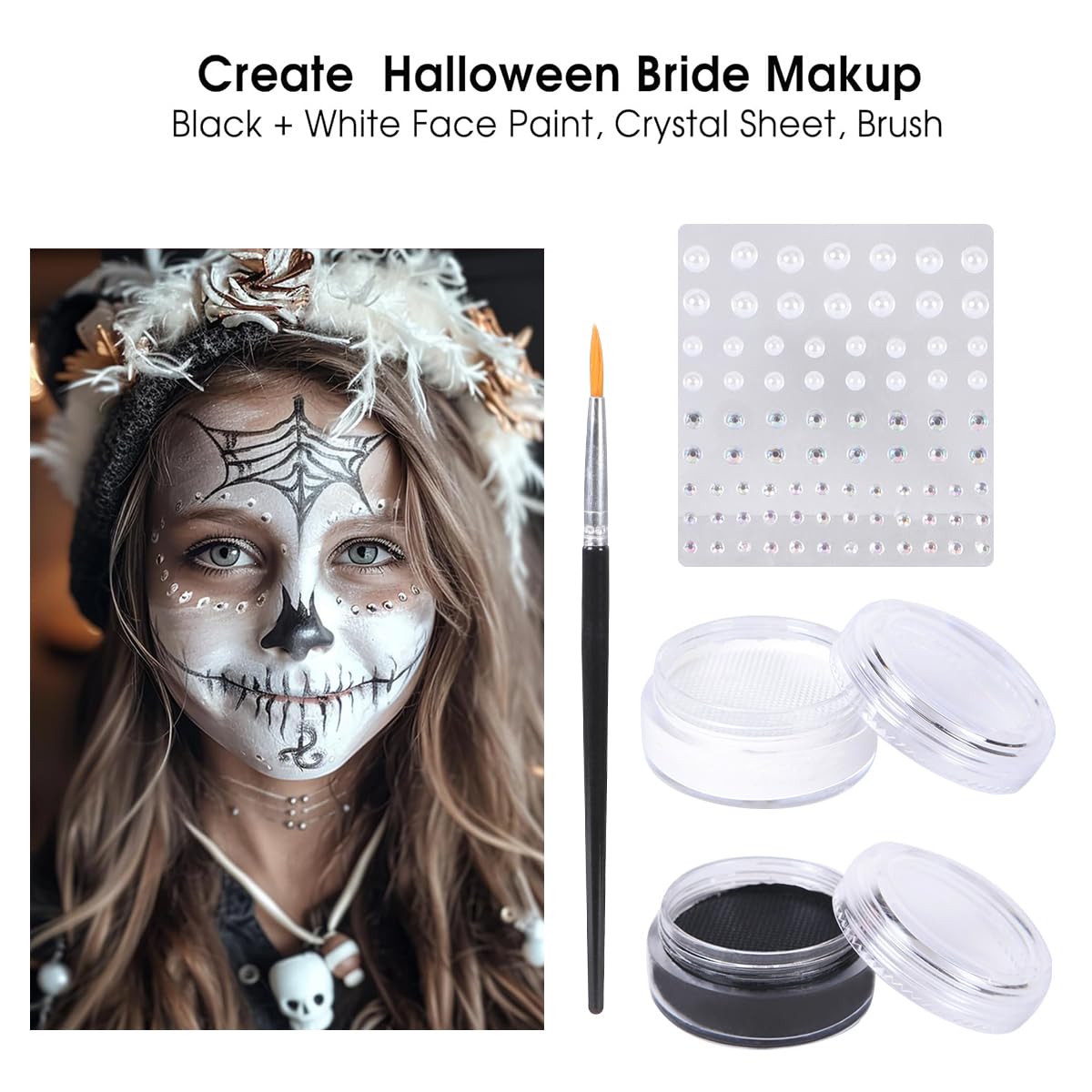 Tikerwang Halloween Makeup Kit - Black & White Face Paint Kit, Halloween Makeup Includes Paint, Brush, Costume Accessories Crystal Sheet for Skeleton SFX, Vampire, Skull Makeup (Model A)