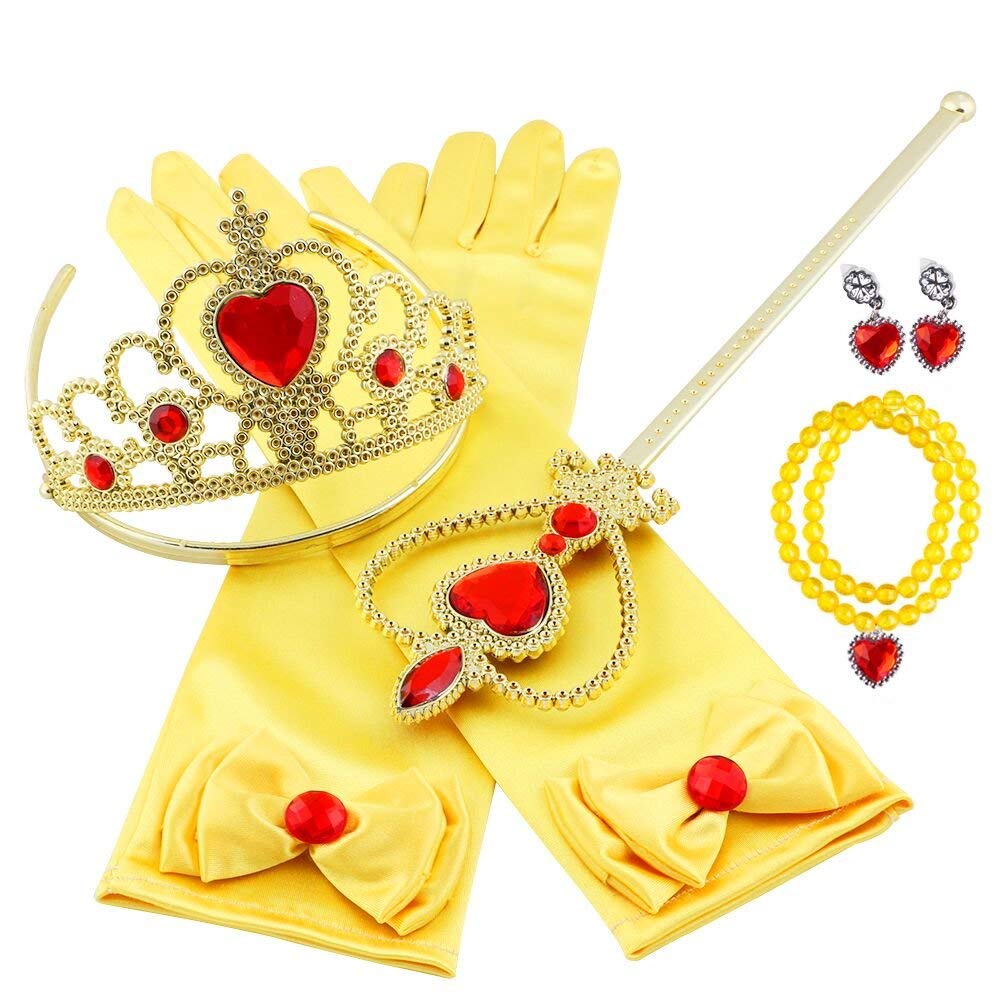 Vicloon Princess Costumes Ice Princess Set of 5, Elsa Gloves Wand Tiara Crown Necklace Earrings (Yellow)