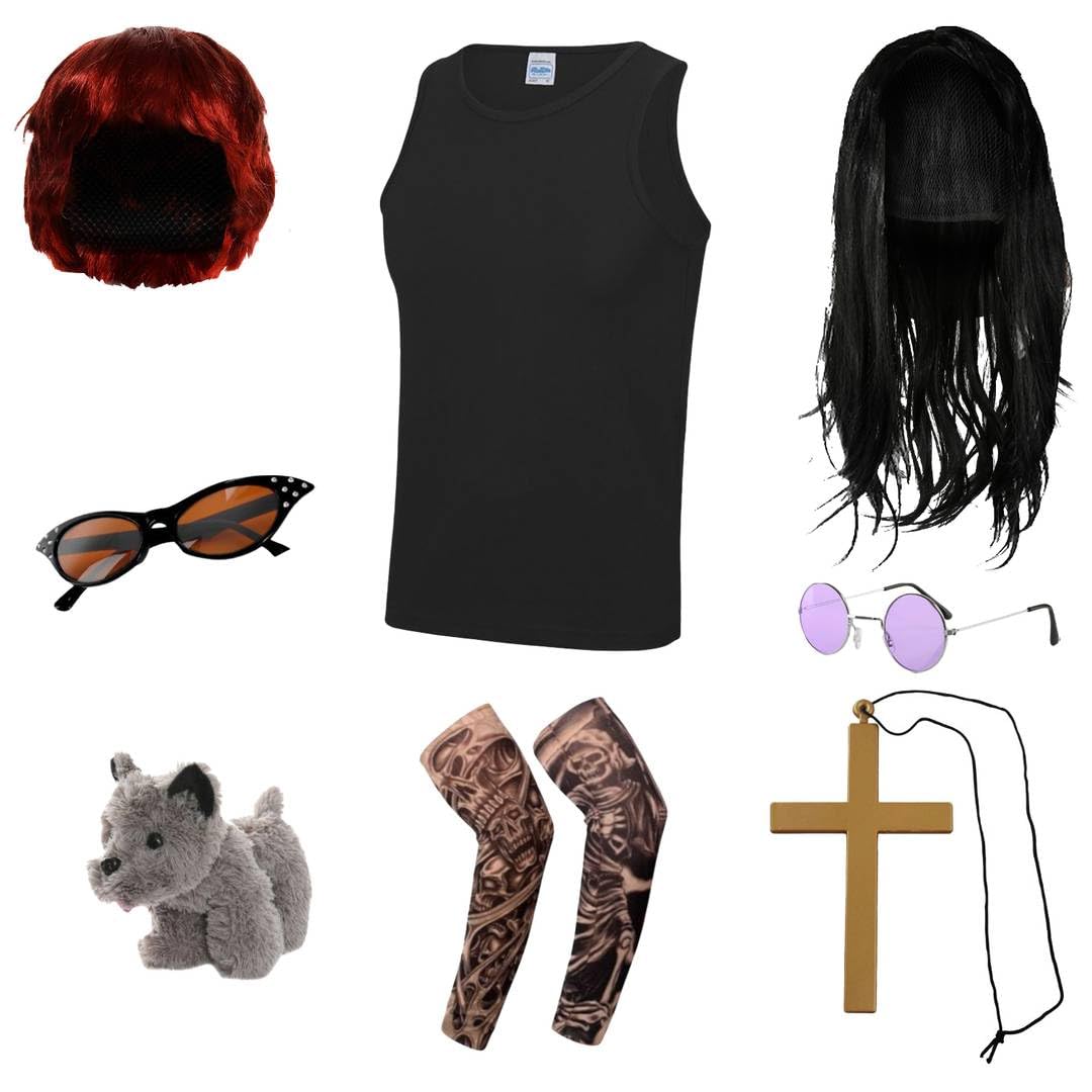 Adults Osbourne Couples Costume - Black Vest - Black Wig - Round
