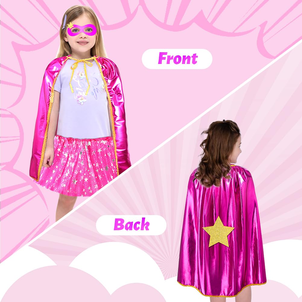 AUYAO Super-heroes Costumes Heroes Capes Kit, Kids Capes Cloak Dress Up Set with Mask Tutu Ballet Dance Skirt, 3Pcs Girls Princess Costumes Capes for Halloween Christmas Birthday Party(Rose Red)