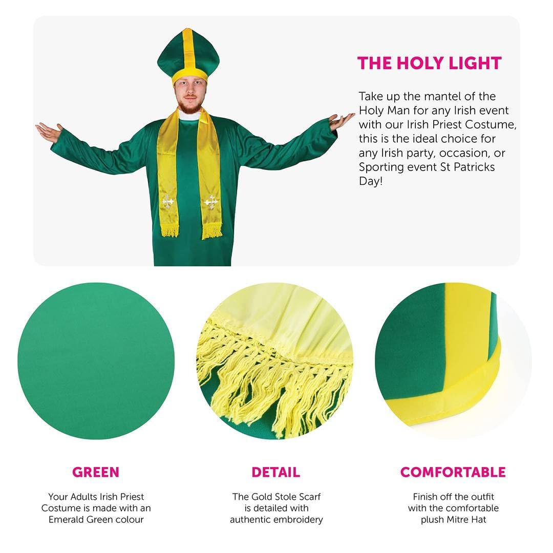 Adults Irish Priest Costume - X-Large - Green Robe with Yellow Stole Scarf and Green & Yellow Priest Hat - Adults Ireland St. Patricks Day Catholic Fancy Dress Costume