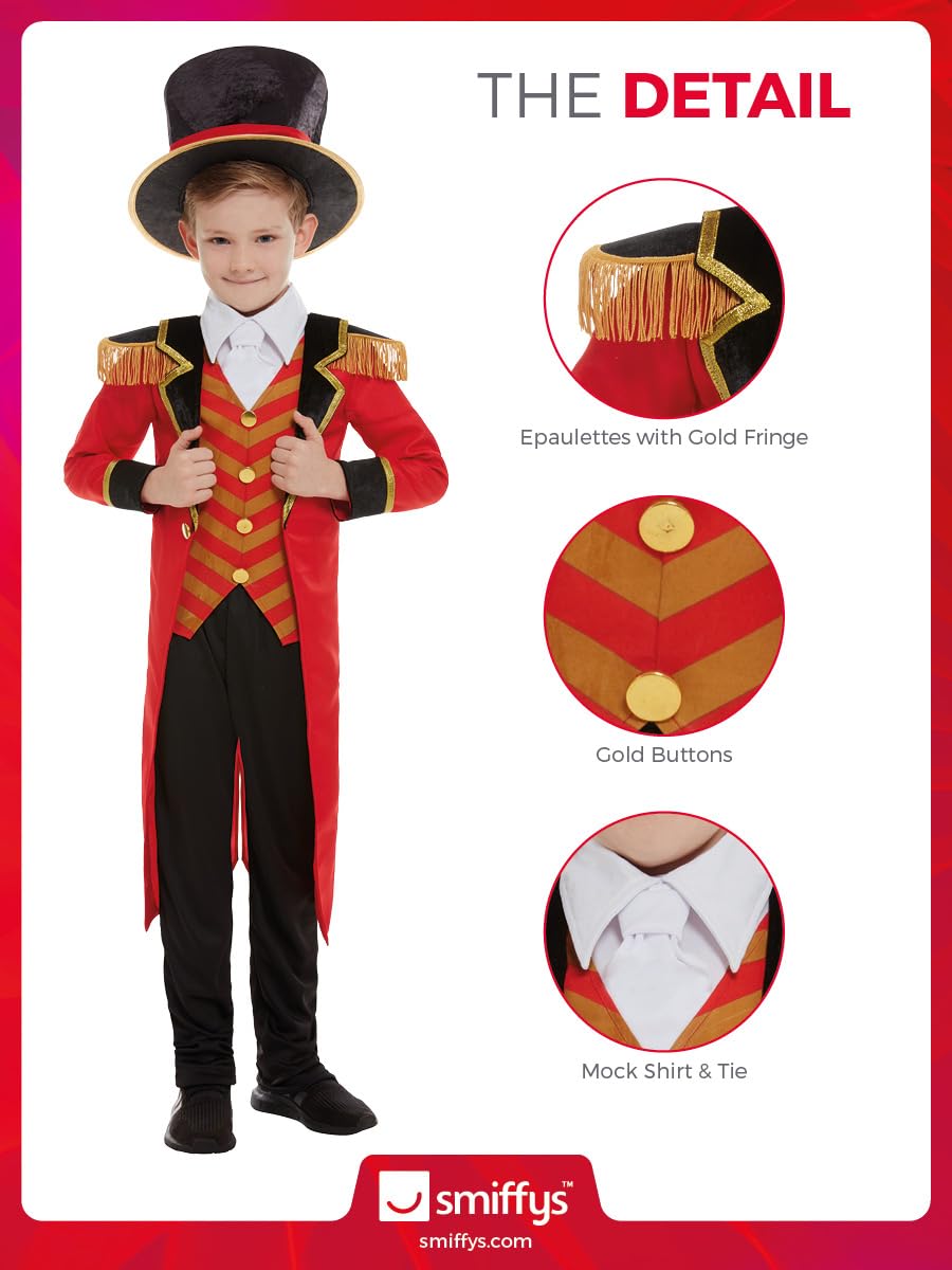 Smiffys Deluxe Ringmaster Costume, Red with Jacket, Mock Shirt, Trousers & Hat, Boys Fancy Dress, Child Dress Up Costumes