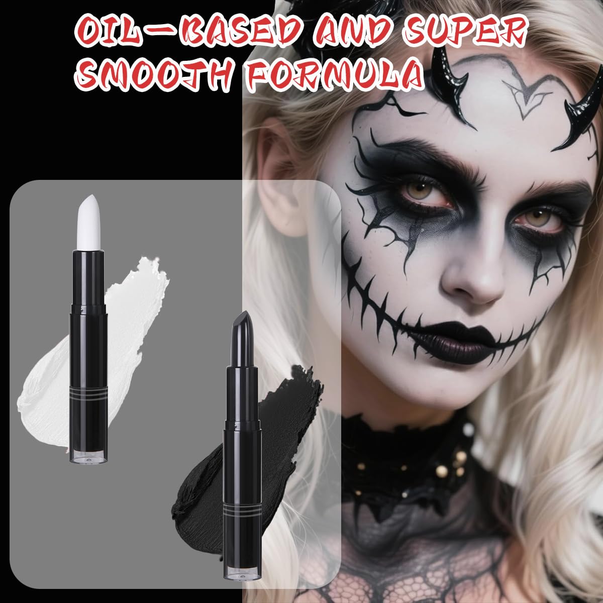 Teekerwang Halloween Clown Black White Face Body Paint Stick Set, Eye Black for Sports, Skeleton Vampire Skull Cosplay Special Effects Costume SFX Halloween Makeup Kit. (01, Color)