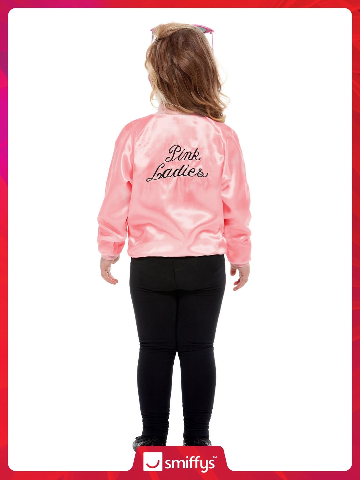 Smiffys Grease Pink Ladies Jacket for Kids, Pink Jacket with Embroidered Logo, Officially Licensed, Fancy Dress, and Playful Music-Themed Events, Girls Toddler Age 10-12 costume Halloween