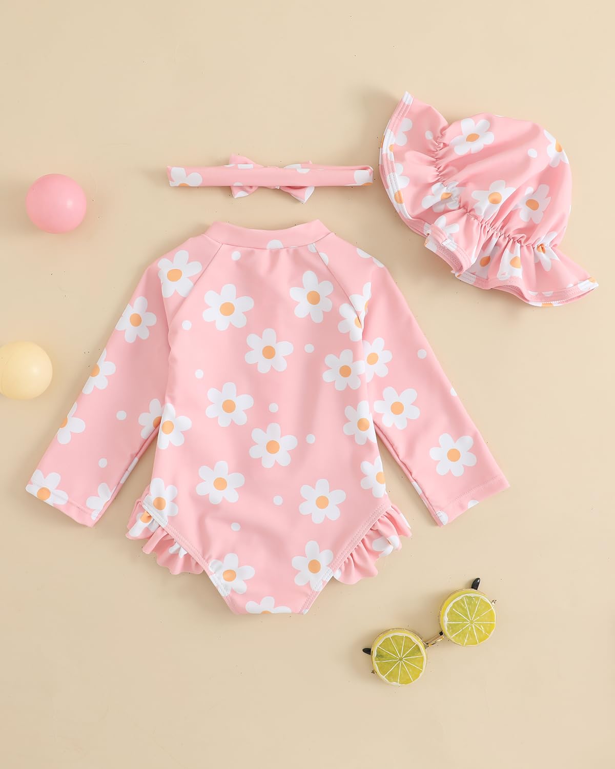 Baby Swimsuit Girl 3-Piece Set 0M-3T, Long Sleeve Toddler Swimming Costume with Hat & Headband, UPF 50+ Infant Rash Vest Front Zipper & Snaps, Pink Flower 12-18 Months