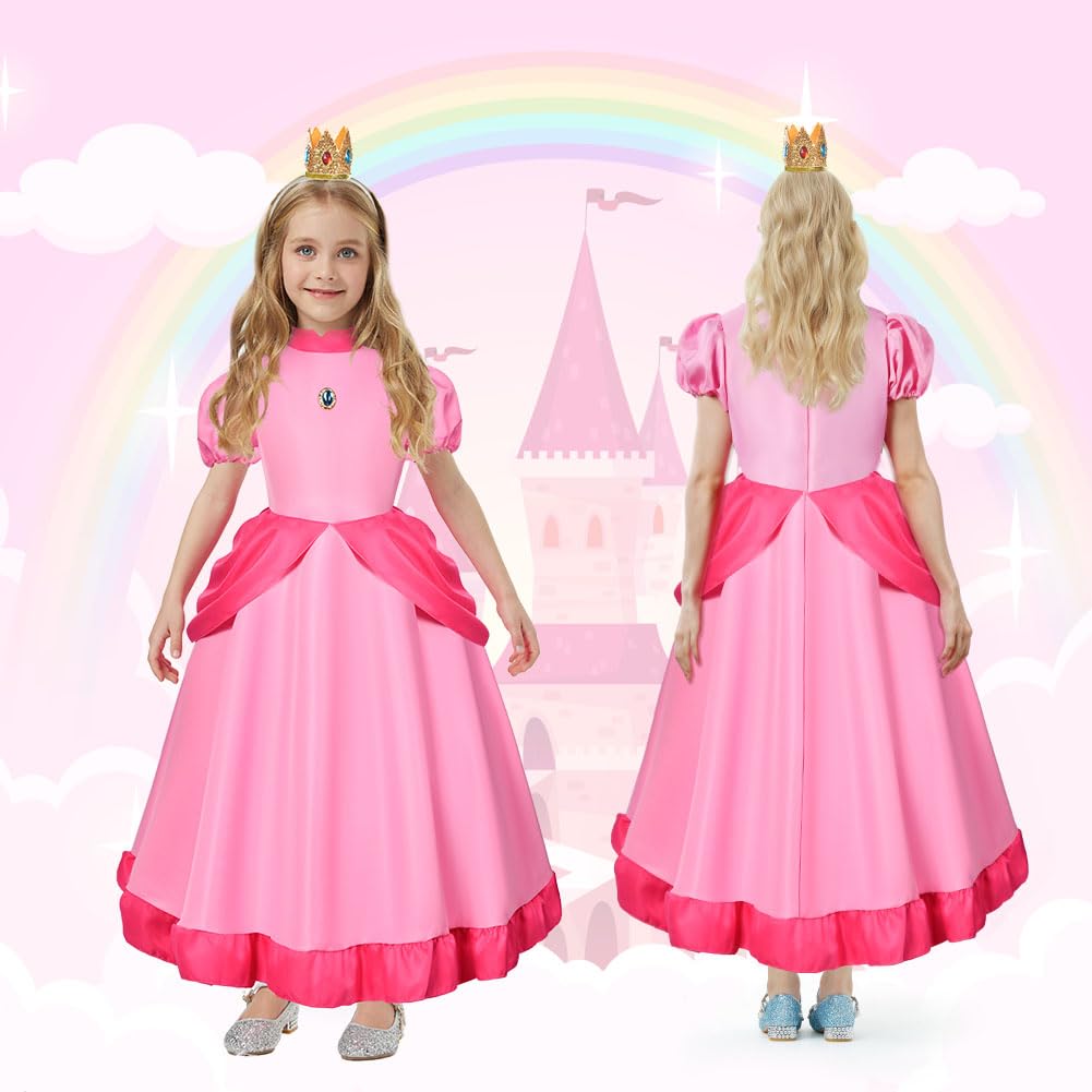 Aomig Peach Princess Costume for Girls, 5 Pcs Peach Fancy Dress Up with Crown Earrings Gloves Brooch Wand, Princess Peach Outfits Dress for Girls for Party Cosplay Birthday Halloween Christmas(120)