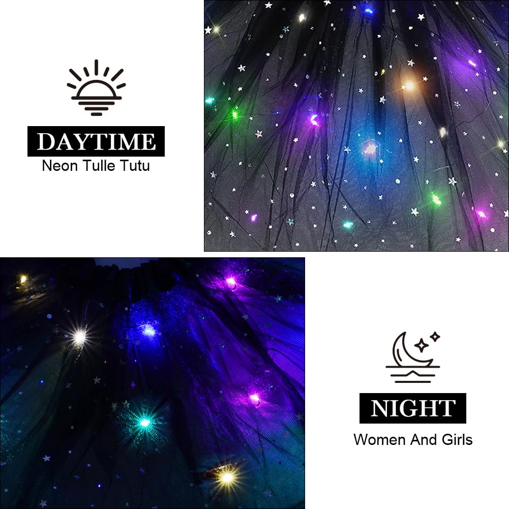 URAQT Tulle Tutu Skirts for Women LED Light Up, Tutu Skirts Sequins Stars Elastic, Tutu Adult Teen Skirt Ballet Dance Festival Outfit Halloween Party Costume # Black