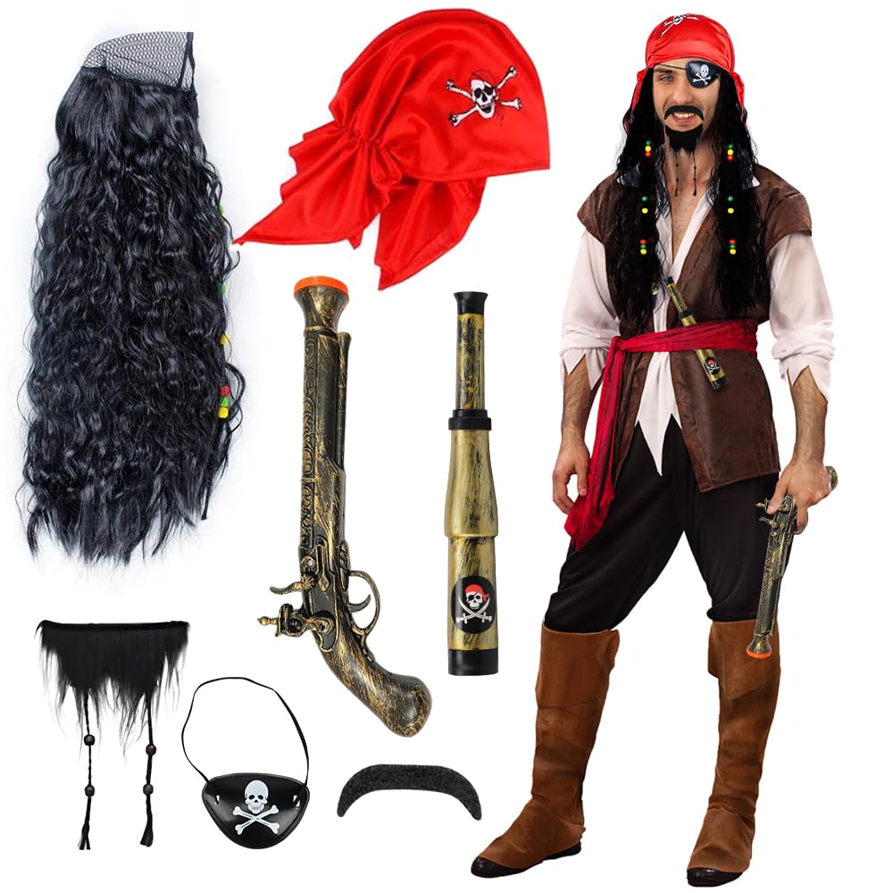 Pirate Costume Set for Adult Men - Accessories Include Wig