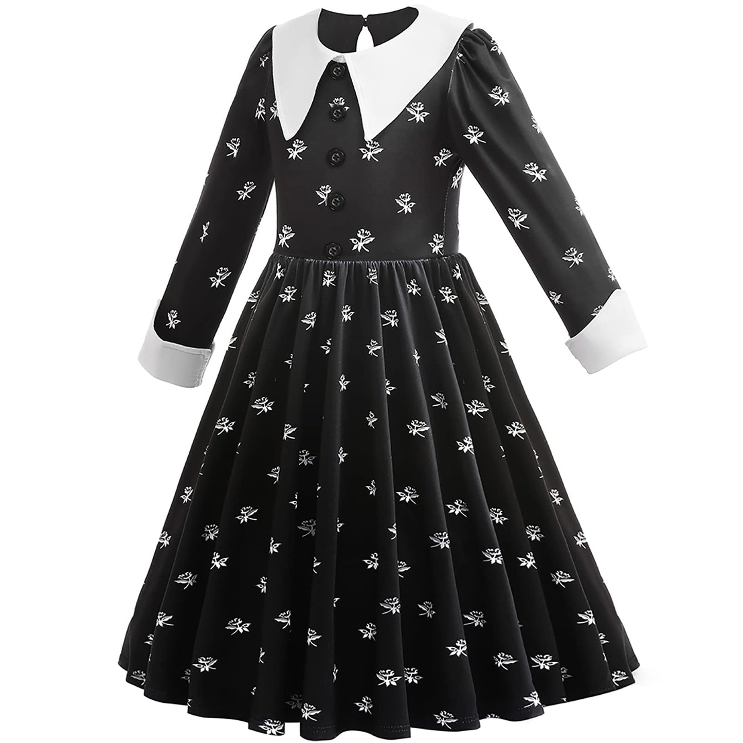 LZH Halloween Dress for Kids Girls Long Black Dress Cosplay Carnival Uniform School Fancy Dress Up with Earring Wig and Bag