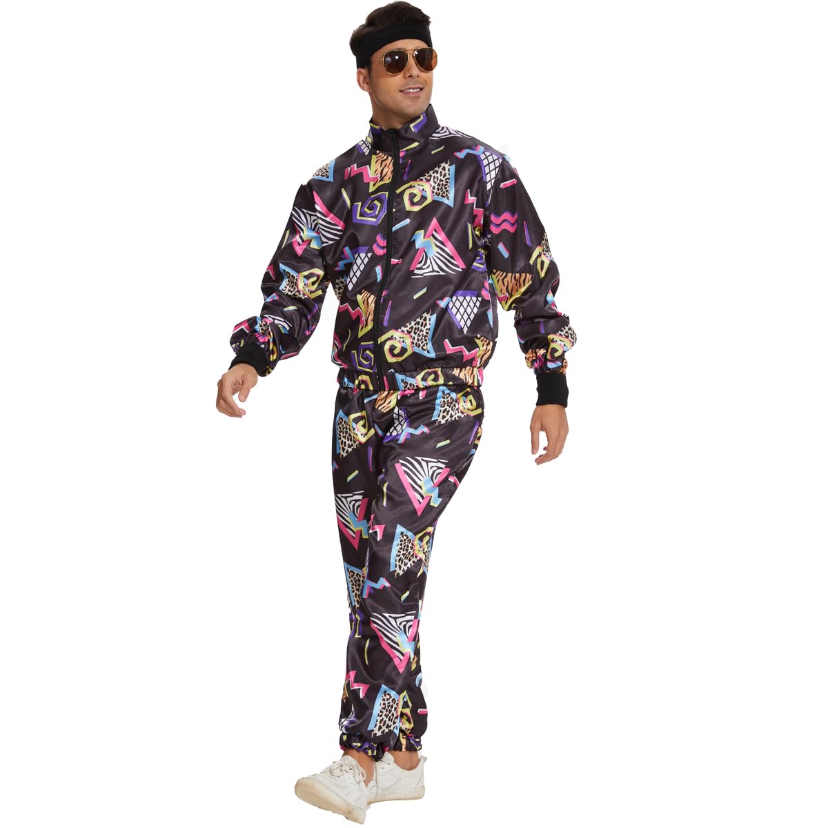 CEKUIA 80s 90s Fancy Dress Shell Suit Disco Dress Costume for Men Women Tracksuit with Headband Glasses Wristbands