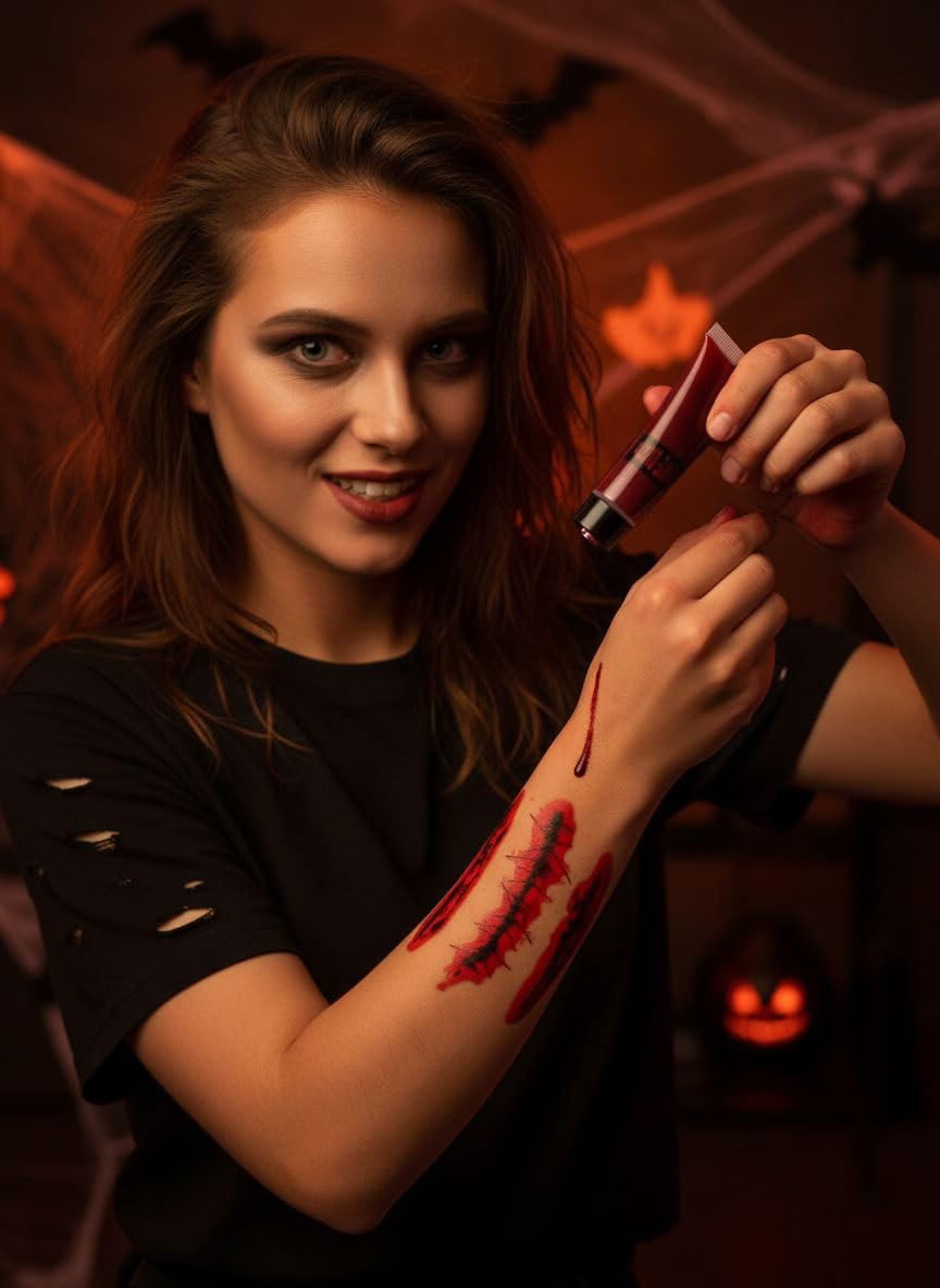 Henbrandt Halloween Fake Blood Tube with Realistic Wound Temporary Tattoo Scars - 16ml Professional Makeup SFX Costume Accessory Kit