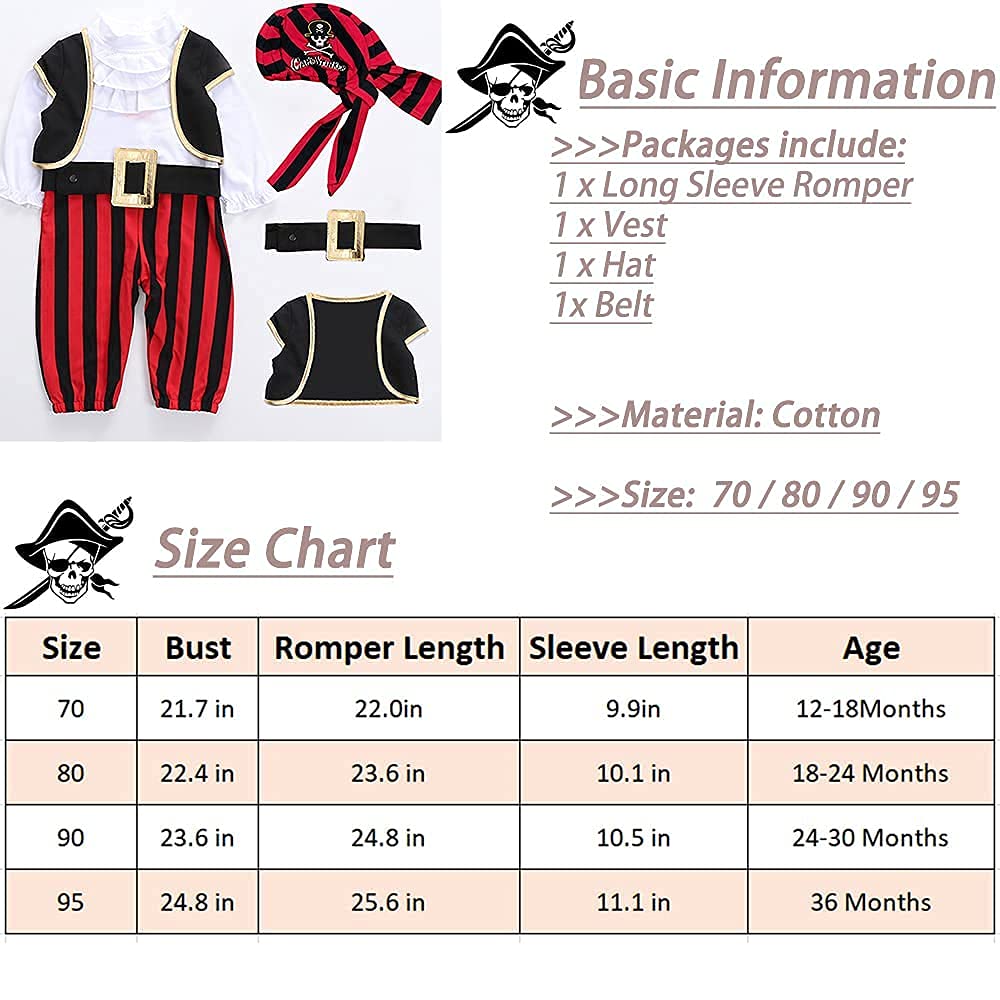Baby Pirate Costume Toddler Pirate Outfit Baby Boy Halloween Costumes Long Sleeve Romper+Vest+Hat+Belt 4pcs set 18-24 months