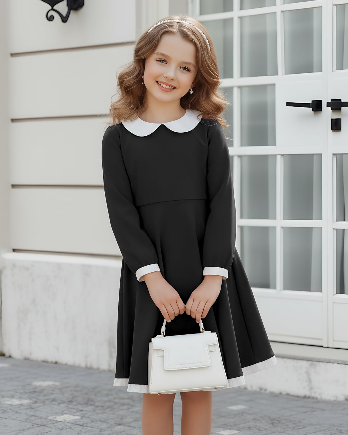 JiAmy Dress Girls Skater Dresses Long Sleeve Swing Peter Pan Collar Elegant Halloween Christmas Party Flared Dress Kids with Pockets 120,Black