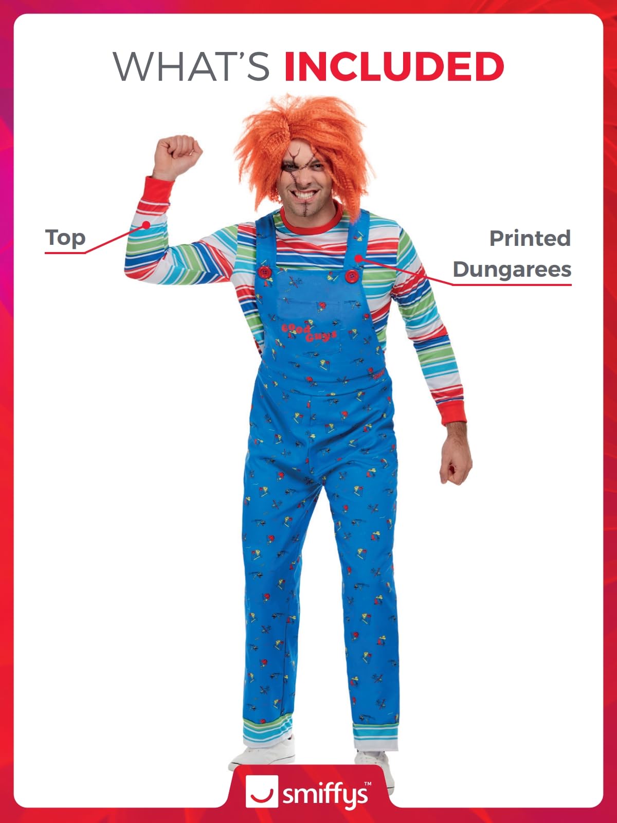 Smiffys Chucky Costume in Blue for Adults, Top and Printed Dungarees, Officially Licensed, Striped Top with Colour Block Cuffs, Perfect for Halloween and Matching Pet Costumes