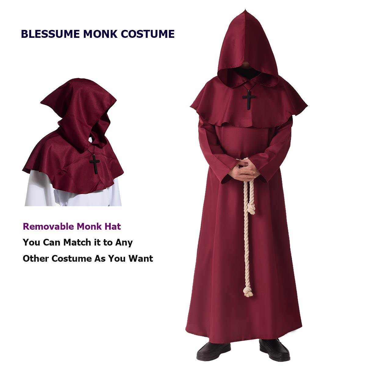 BLESSUME Monk Costume Medieval Robe Priest Hooded Renaissance Friar Cowl Outfit (L,Red)