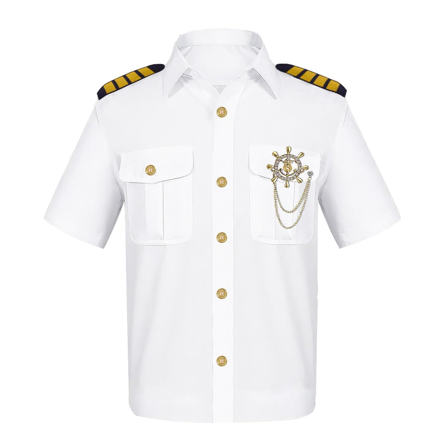 shengo 6PCS Captain Costume Sets Halloween Costumes Captain Shirt Captain Sailor Costume with Navy hat Pipe Sunglasses Tie Gold Anchor Pin Gloves Men Fancy Dress Costumes (M)